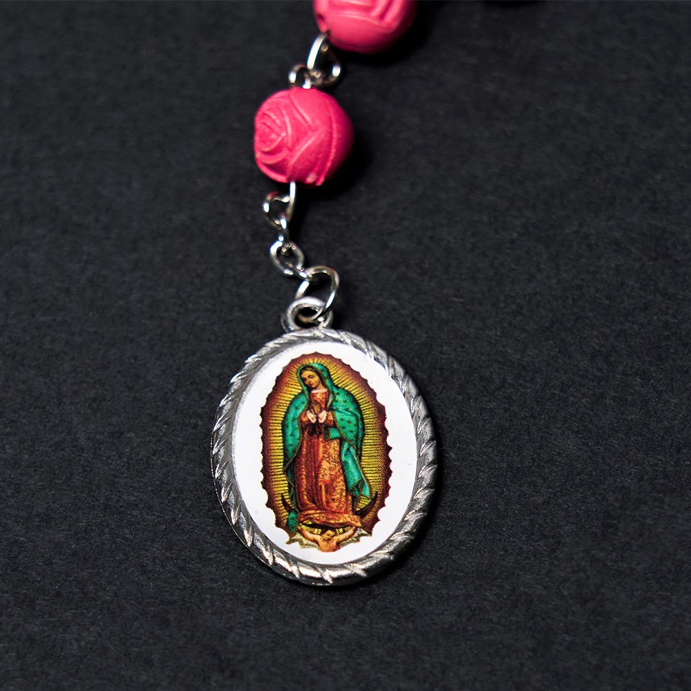 Christianartworkshop Our Lady of Guadalupe & Crucifix of 8 mm Rose Multicolor Resin Alloy Chain Rosary