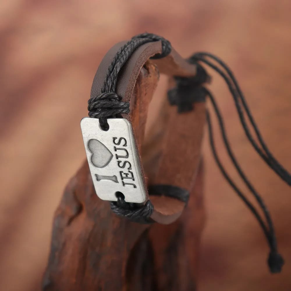 "I Love Jesus" Christian Jewelry Cross Adjustable Leather Bracelet