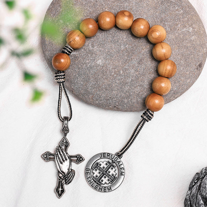 Praying Hands & Jerusalem Medal: Olive Wood Bless Pocket Rosary