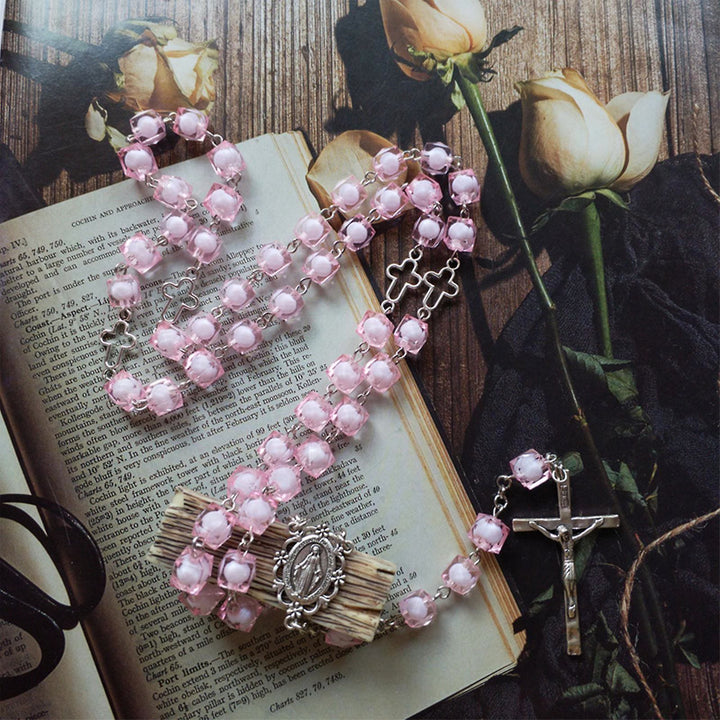 Christianartworkshop Miraculous Medal & Crucifix of 8 mm Square Pink Acrylic Alloy Chain Rosary