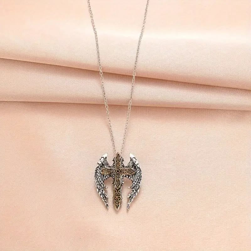 Heavy Style Protection Wings & Crafted Cross Alloy Necklace