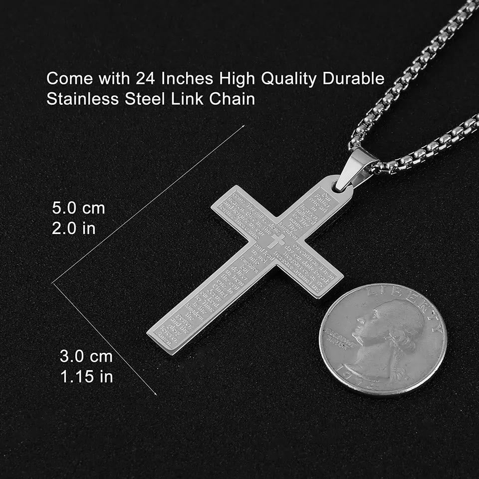 Stainless Steel Lord's Prayer Pendant Cross Necklace