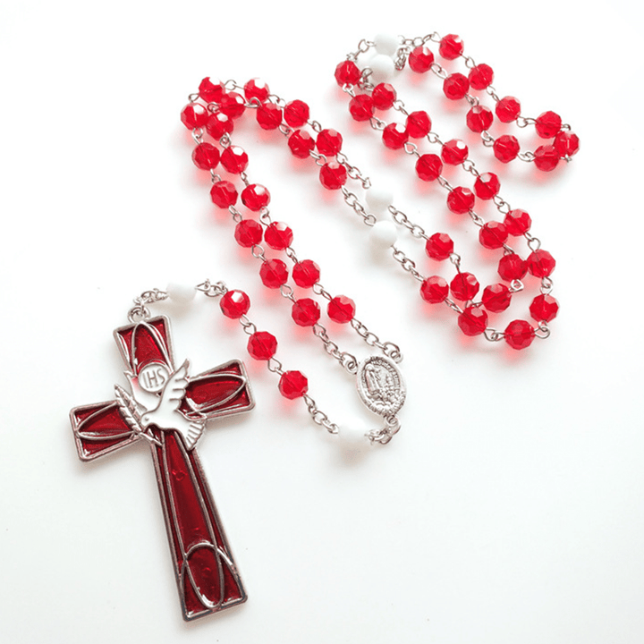 FREE Today: IHS Holy Spirit Dove Cross Pendant Red Beads Rosary