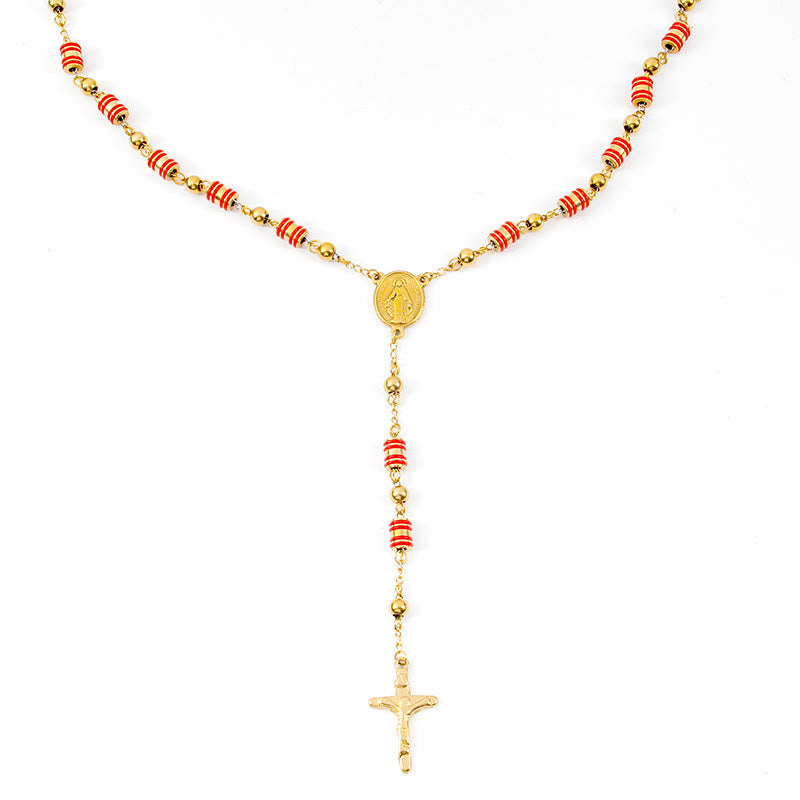 Red Rubber Ring & Gold Beads Cross Rosary