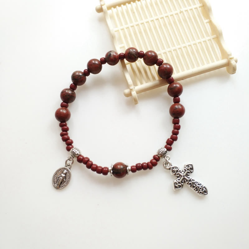 FREE Today: Miraculous Medal & Cross Natural Stone Rosary Bracelet