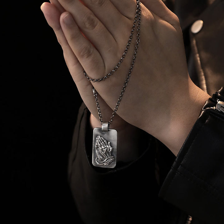Retro Pray Hands Silver Medal Faith Necklace