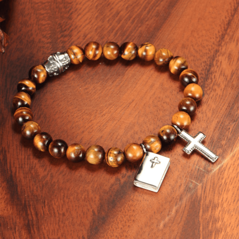 Christianartworkshop Bible Cross Tiger Eyes Stone Titanium Bracelet