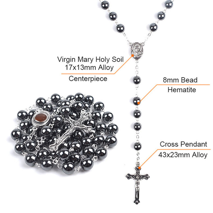 Christianartworkshop Madonna and Child & Crucifix of 8 mm Round Black Hematite Alloy Chain Rosary