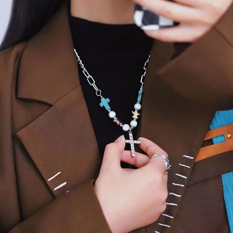 Hand-Crafted Turquoise Zircon Cross Titanium Bracelet/Necklace