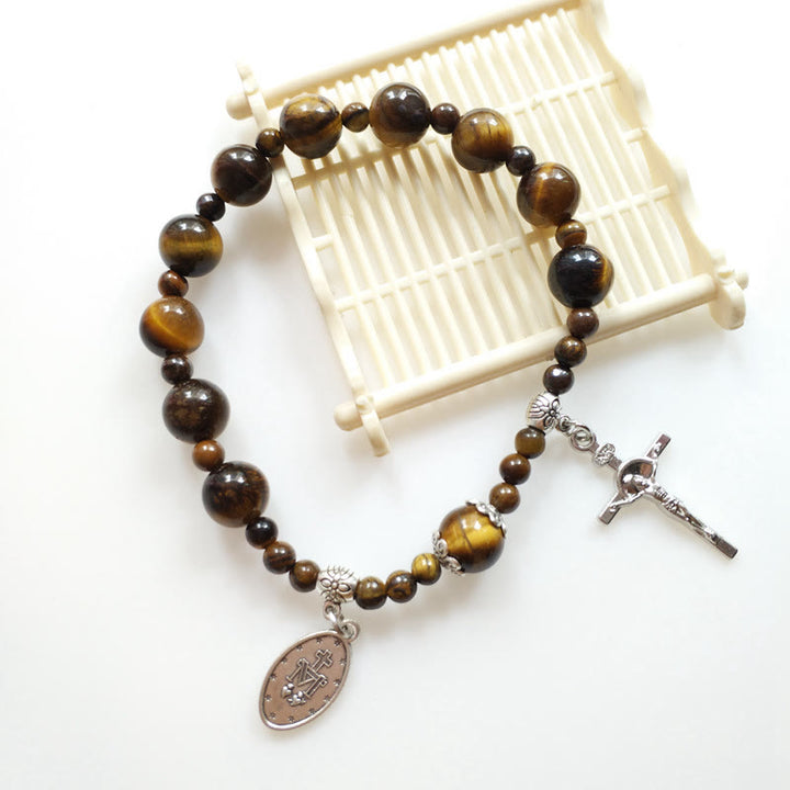 Jesus Cross & Miraculous Medal Tiger Eye Beaded Rosary Bracelet