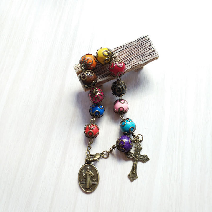 Christianartworkshop Antique Colors Wood Bracelet with St. Benedict & Crucifix