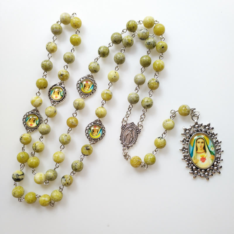 Christian Art Miraculous Medal & Immaculate Heart of Mary of 8 mm Round Yellow Variscite Alloy Chain Rosary