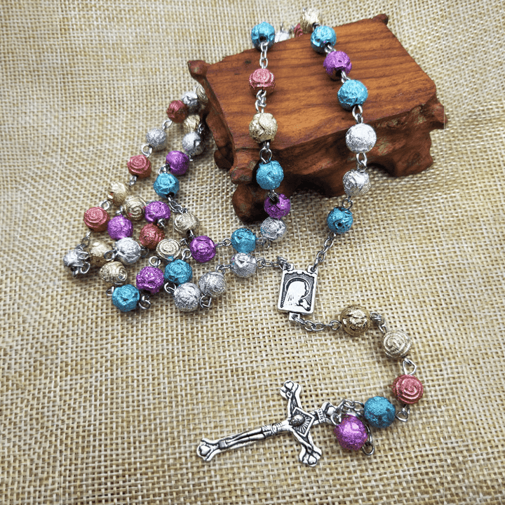 Christian Art Our Lady of Mount Carmel & Crucifix of 8 mm Rose Multicolor Acrylic Alloy Chain Rosary