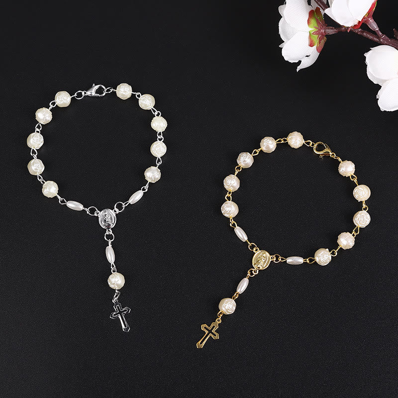 Rose Beads Cross Baptism Rosary Bracelet