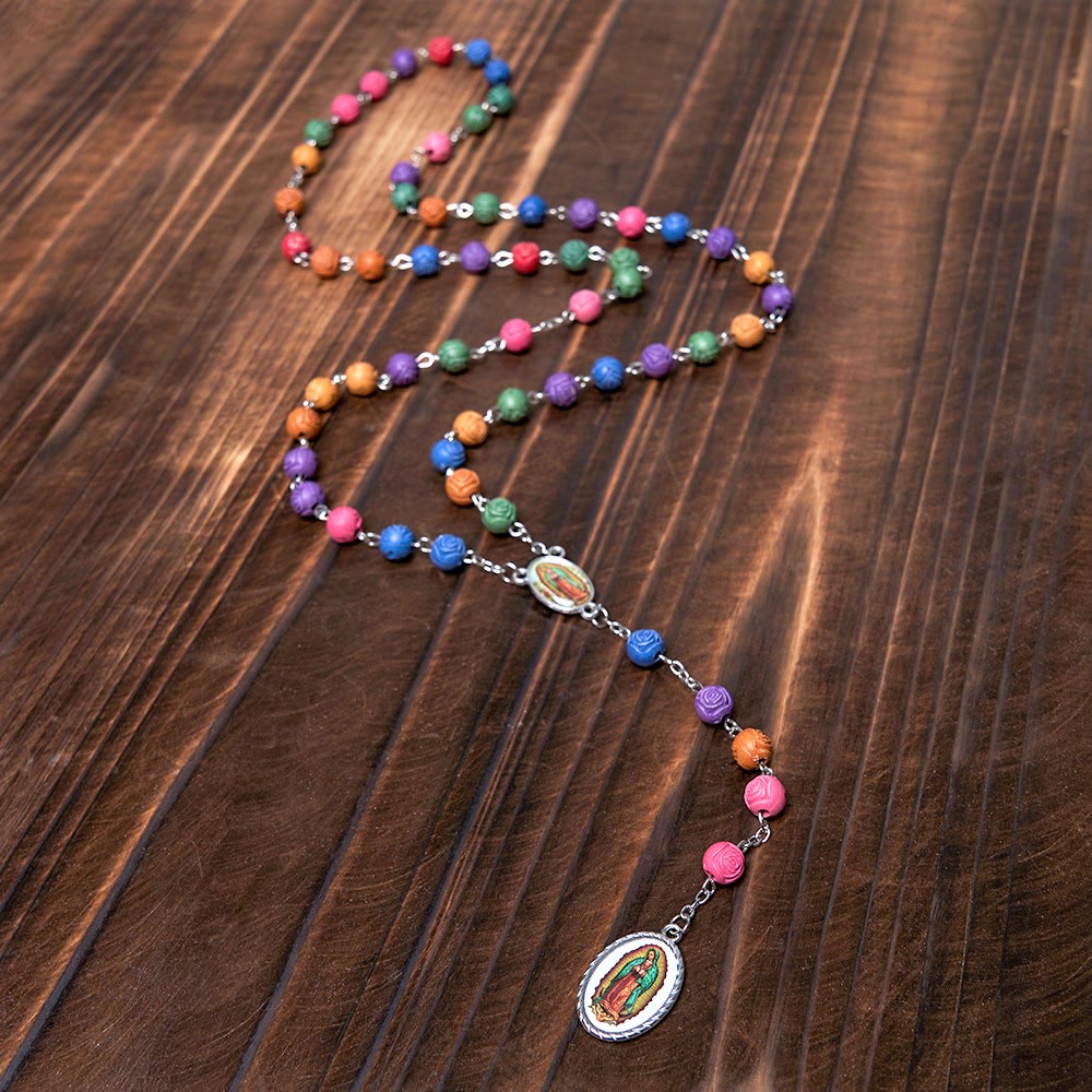 Christian Art Our Lady of Guadalupe & Crucifix of 8 mm Rose Multicolor Resin Alloy Chain Rosary