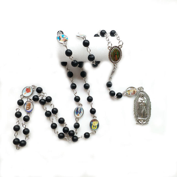 Christian Art Our Lady of Guadalupe of 6 mm Round Black Agate Alloy Chain Rosary