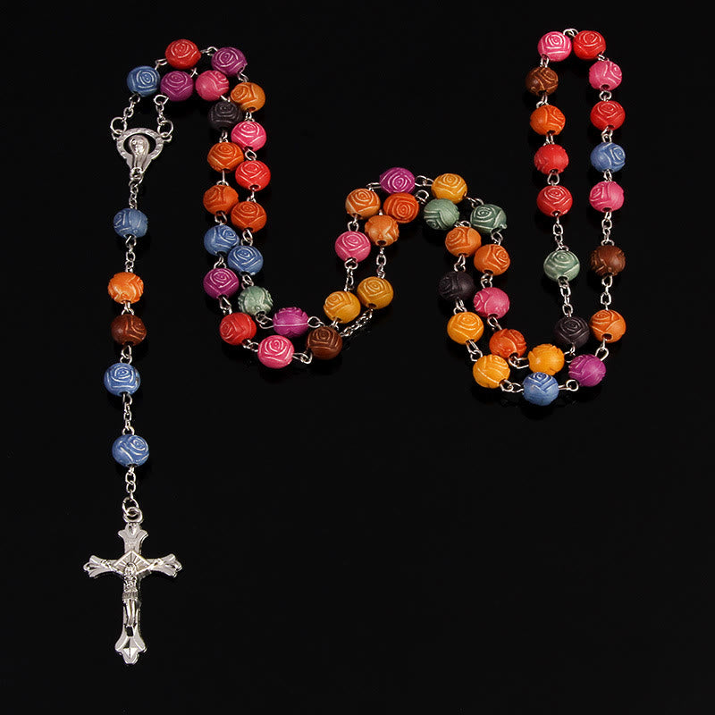 Christian Art Our Lady of Guadalupe & Crucifix of 8 mm Rose Multicolor Resin Alloy Chain Rosary