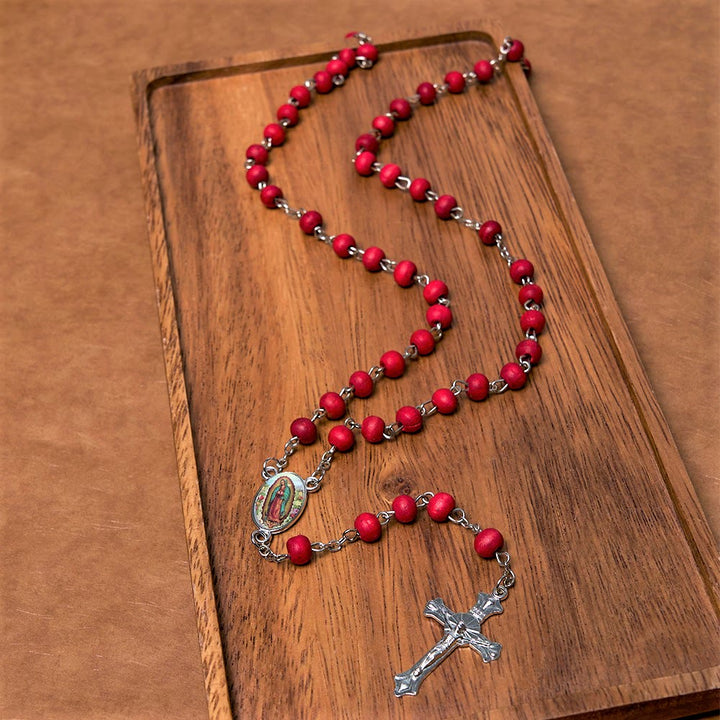 Christianartworkshop Our Lady of Guadalupe & Crucifix of 6 mm Round Multicolor Wood Alloy Chain Rosary