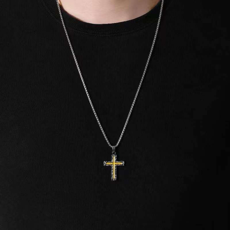 Christian Art Minimalist Style Silver-golden Lava Cross Pendant Necklace