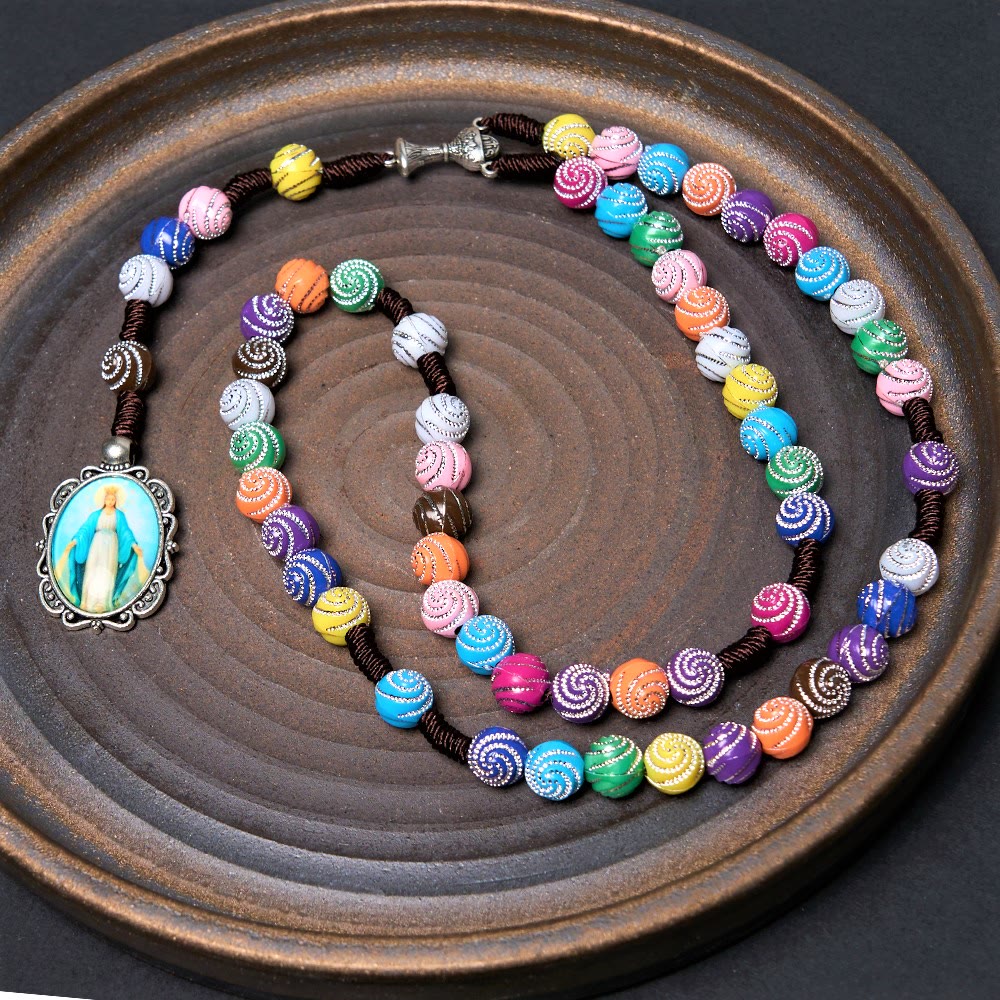 Christian Art Holy Grail & Miraculous Medal of 8 mm Round Multicolor Acrylic Nylon Cord Rosary