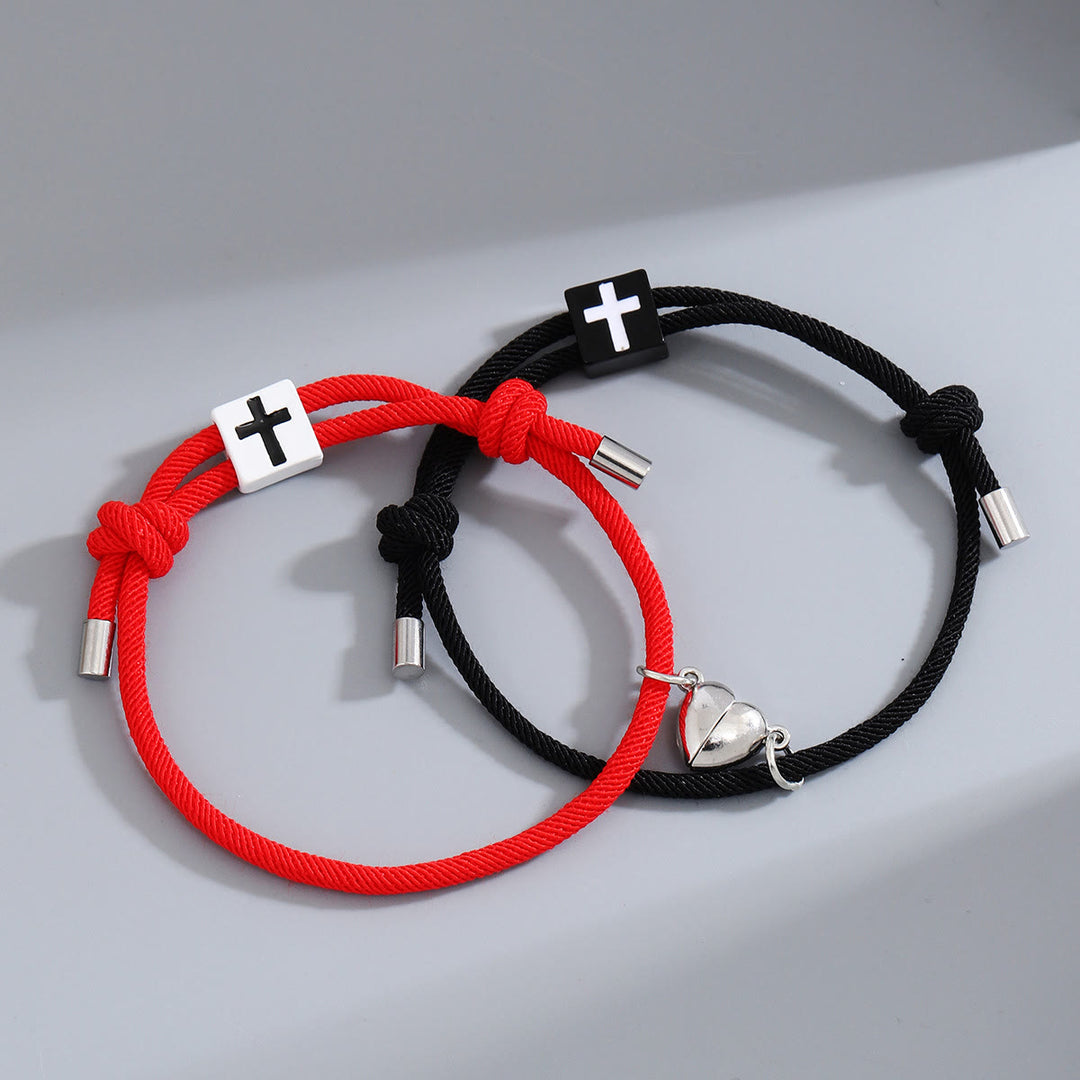 Christianartworkshop Minimalist Style Heart Magnet Alloy Cross Adjustable Couple Bracelet