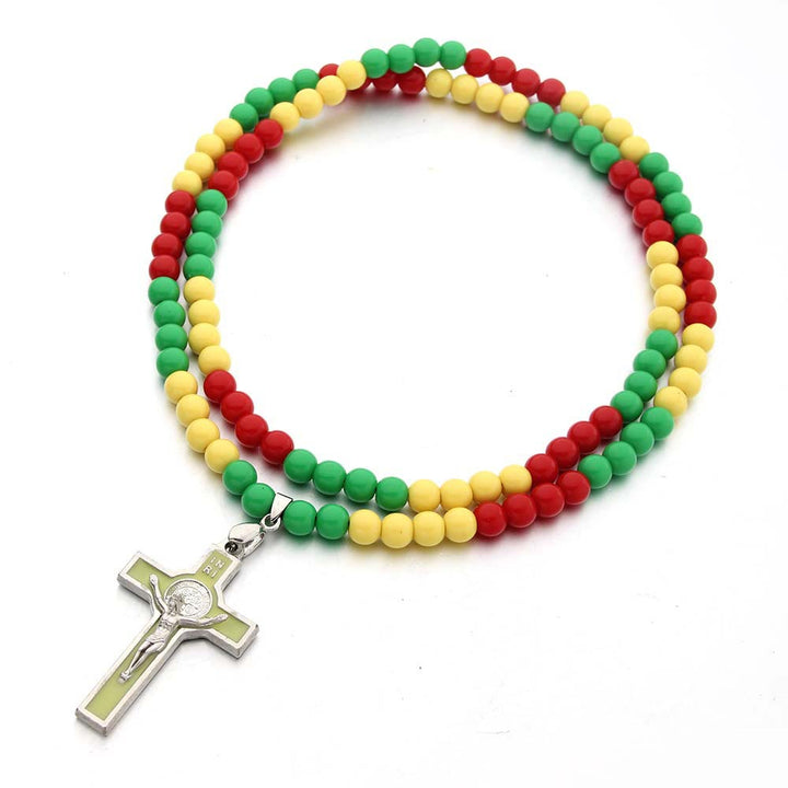 Simple Three-Color Bead Crucifix Necklace