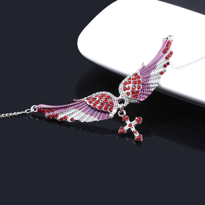 3 Color Angel Wings Cross Shiny Stone Necklace