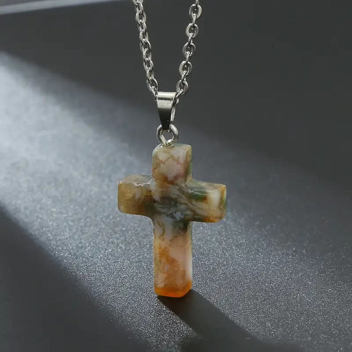 Natural Stone Cross Gemstone Pendant Necklace