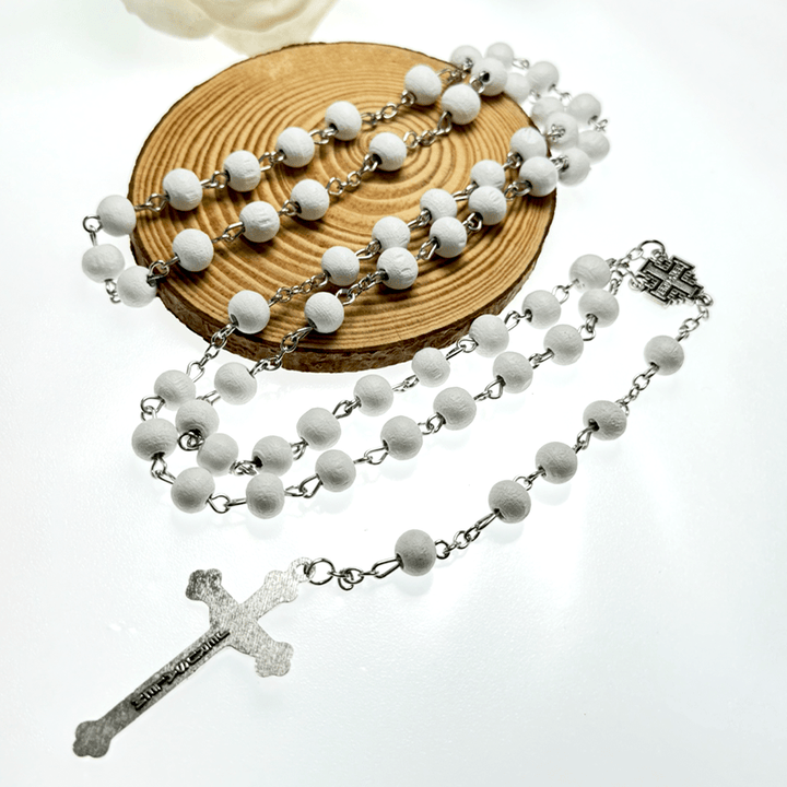 Christian Art Jerusalem Medal & Crucifix of 7 mm Round White Rosewood Alloy Chain Rosary