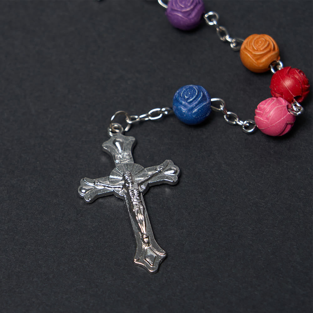 Christianartworkshop Our Lady of Guadalupe & Crucifix of 8 mm Rose Multicolor Resin Alloy Chain Rosary