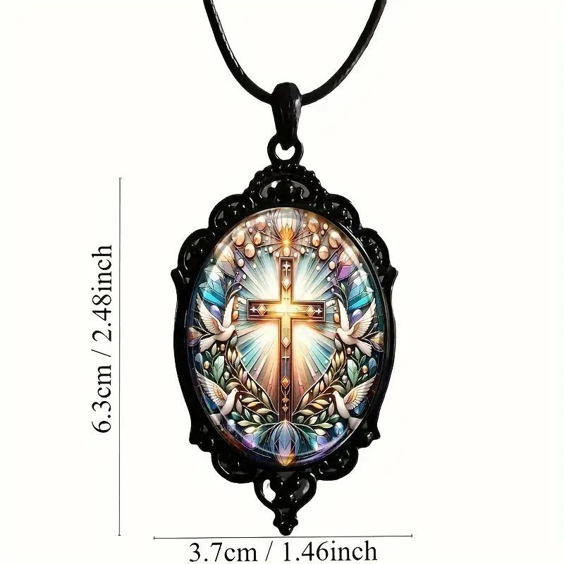 Christianartworkshop Retro Style Cross & Holy Dove Glass Pendant Necklace