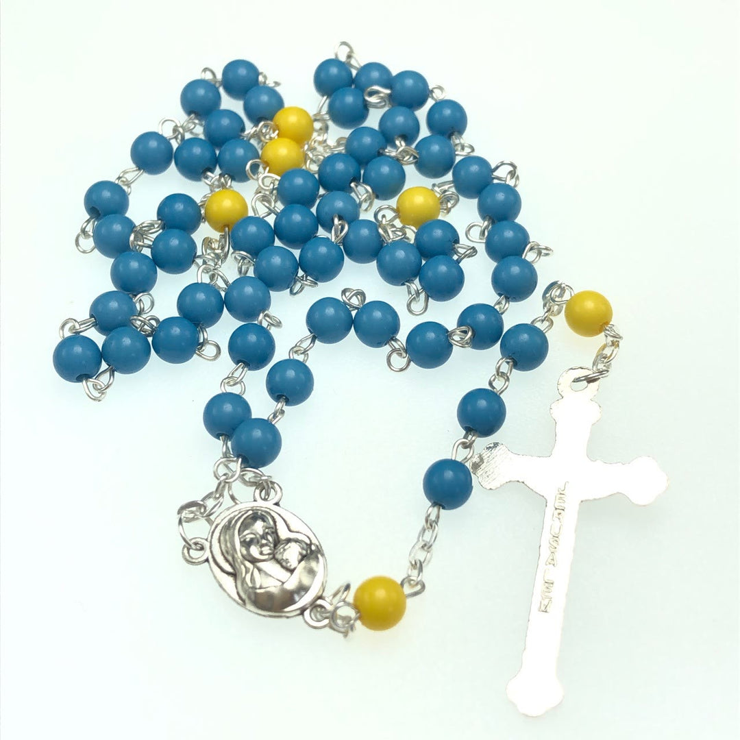 Christian Art Madonna and Child & Crucifix of 6 mm Round Blue Acrylic Alloy Chain Rosary