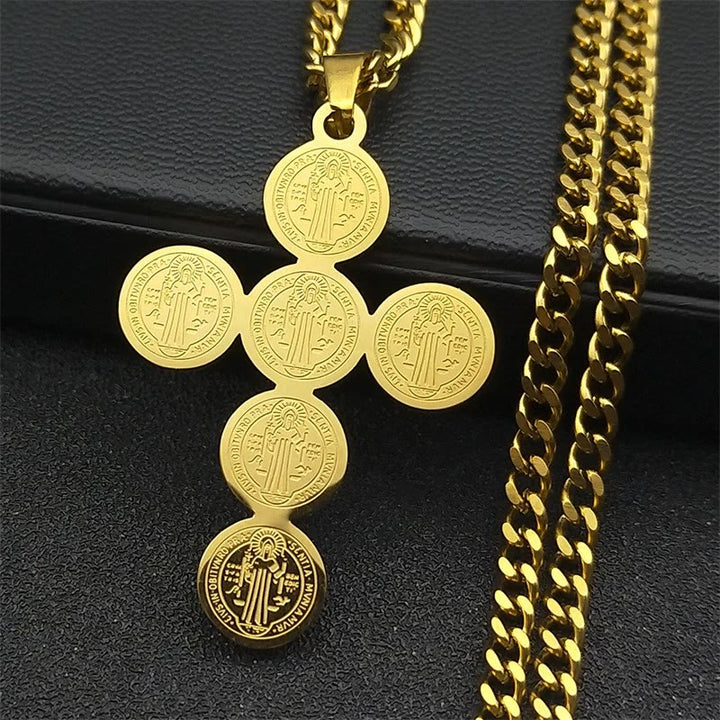 Round St. Benedict Cross Gold Pendant Necklace