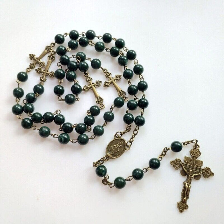 Discount Today: Miraculous Medal & Crucifix of 8 mm Round Green Acrylic Alloy Chain Rosary