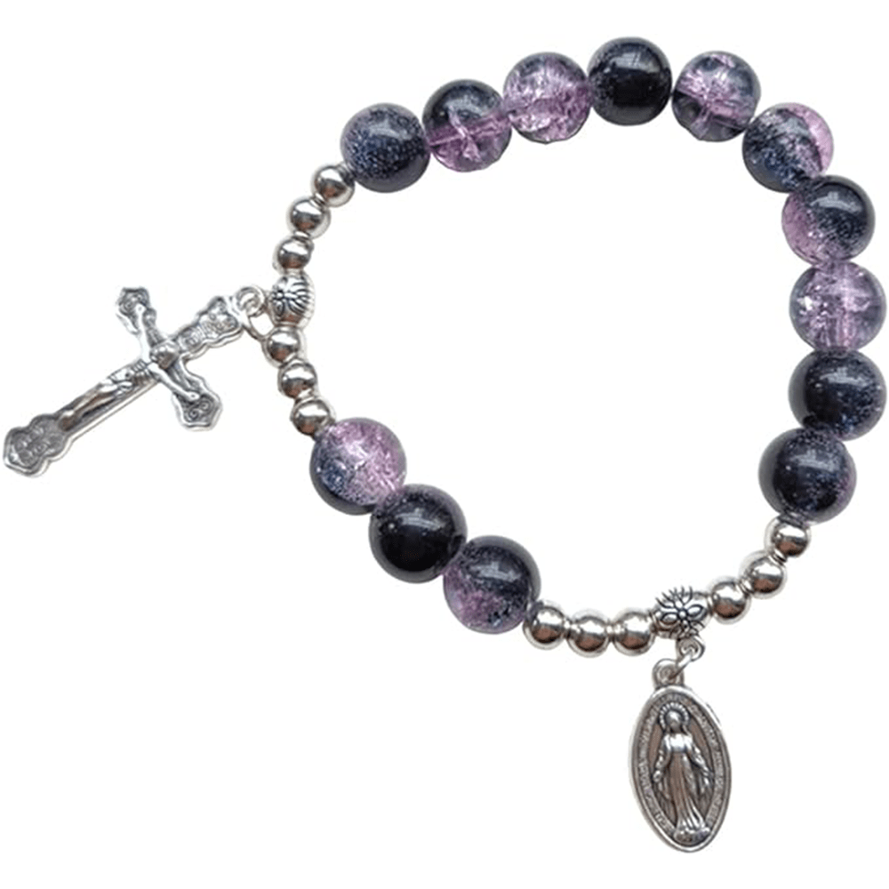 Christianartworkshop Miraculous Medallion & Crucifix Two-Tone Glass Bracelet