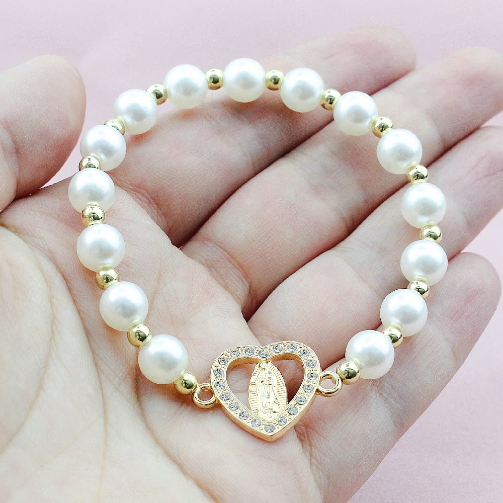 Christianartworkshop Rhinestones Heart-shaped Virgin Mary Pearl Bracelet