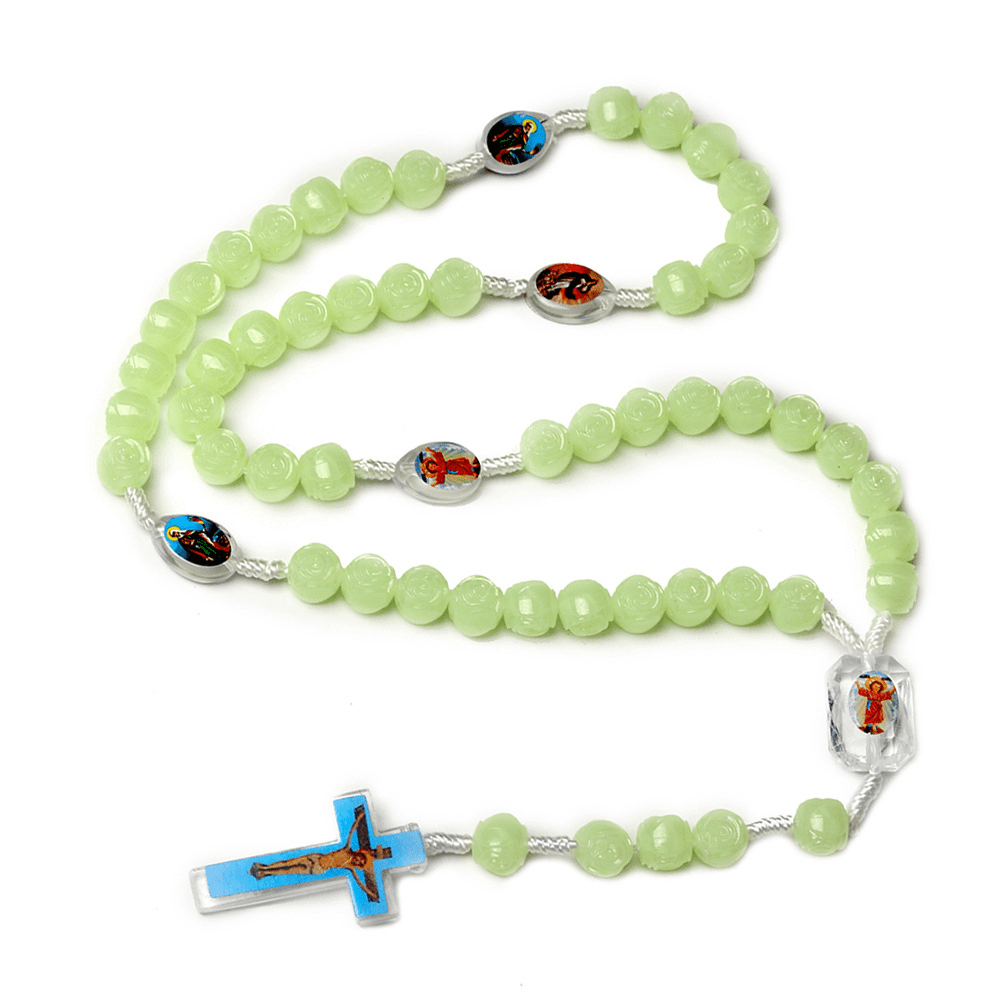 Christianartworkshop Crucifix of 10 mm Rose Luminous Green Resin Nylon Cord Rosary