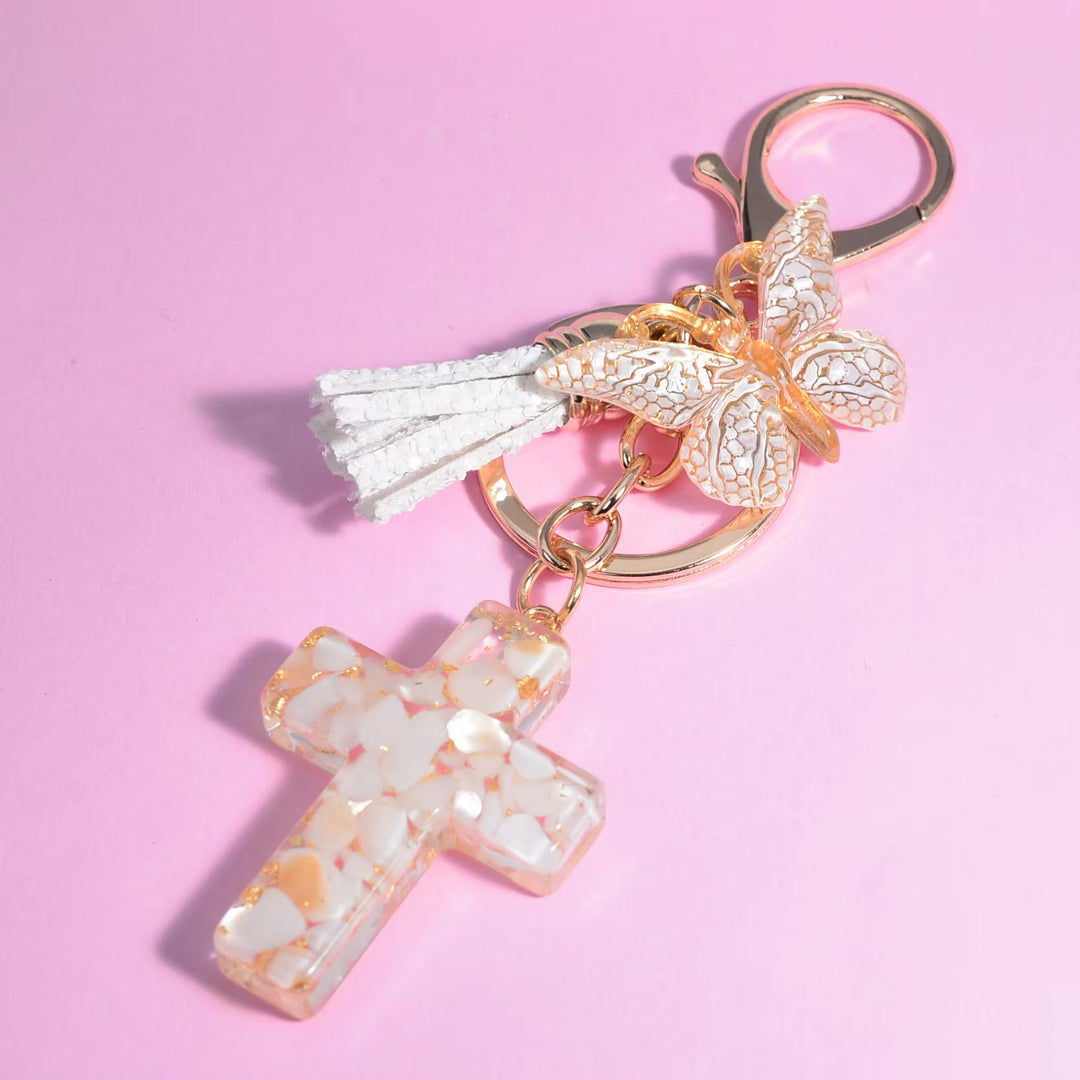 Christian Art 6 Fresh Style Color Resin Butterfly Cross Keychain