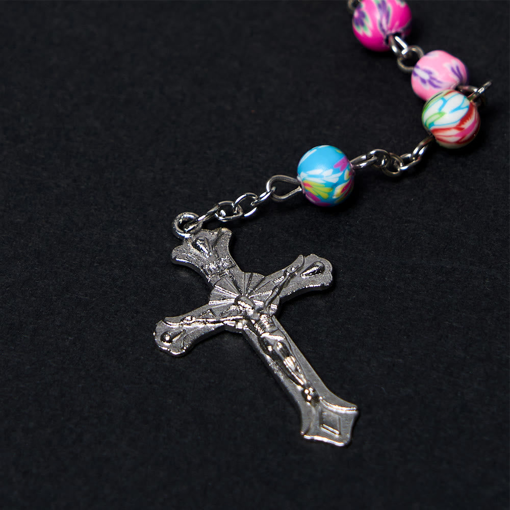 Christian Art Our Lady of Guadalupe & Crucifix of 6 mm Round Multicolor Polymer Clay Alloy Chain Rosary