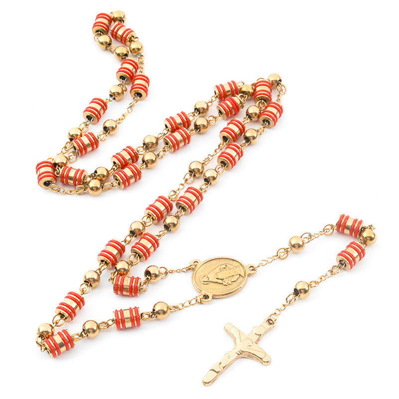 Red Rubber Ring & Gold Beads Cross Rosary