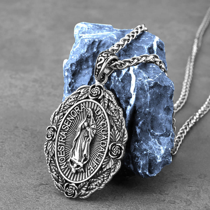 Delicate Rose Lace Our Lady of Guadalupe Titanium Necklace