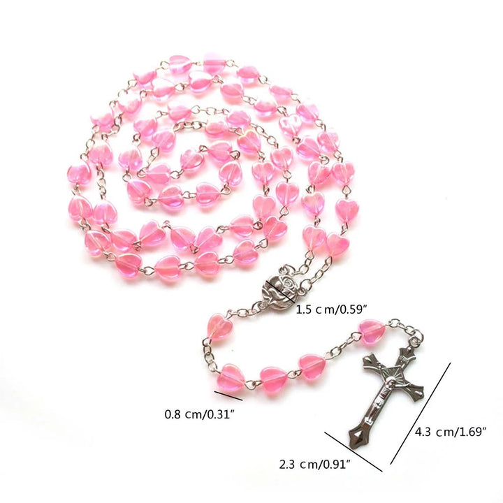 Pink Clear Shiny Heart Prayer Rosary