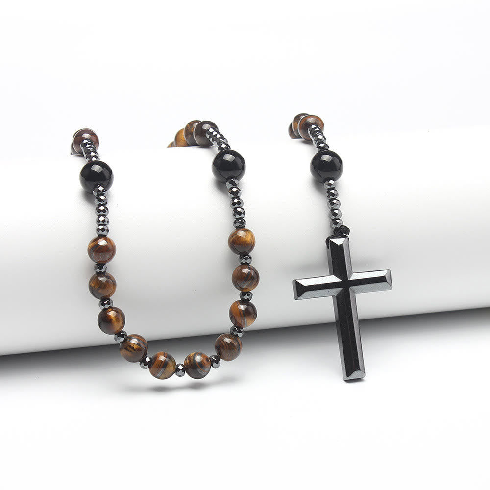 Agate/Tiger's Eye Stone Cross Catholic Rosary