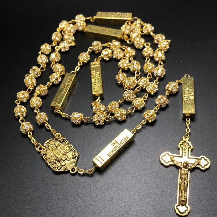 Discount Today: Christian Art Our Lady of Fátima & Crucifix of 8 mm Round Golden Metal Gems Alloy Chain Rosary