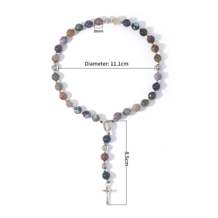 Christian Art Miraculous Medal & Crucifix of 8 mm Round Multicolor Stone Nylon Cord Rosary