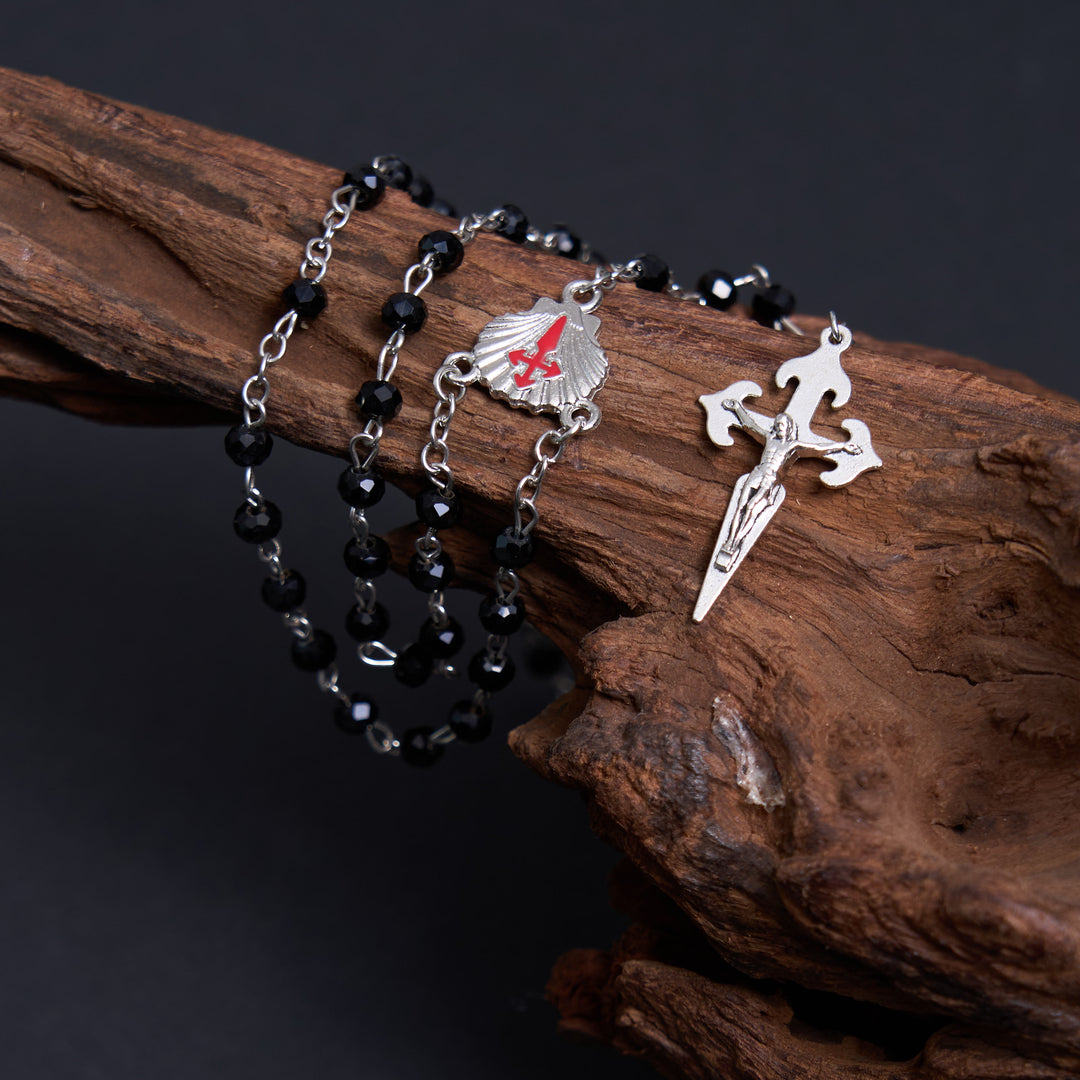 Christianartworkshop Crucifix of 6 mm Polyhedron Black Crystal Alloy Chain Rosary