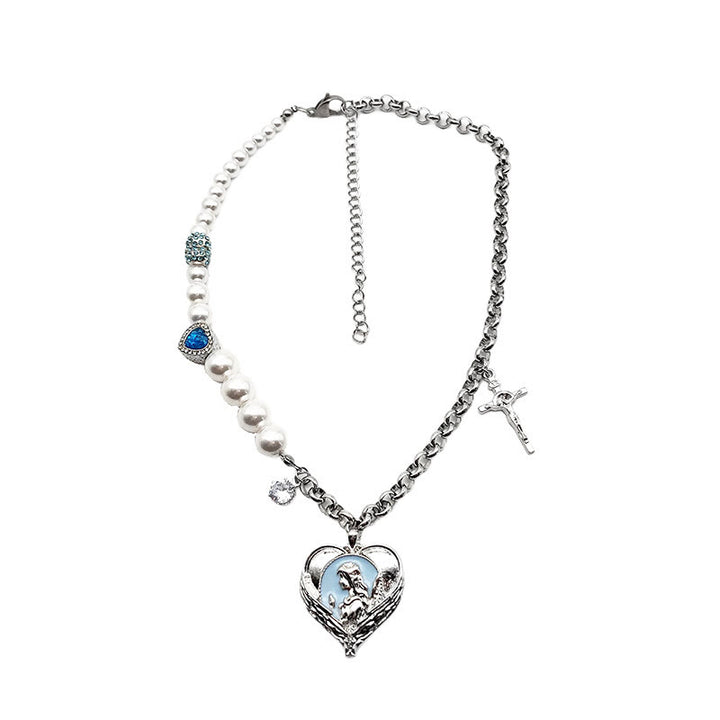 Madonna & Cross Pearl Love Heart Clavicle Necklace