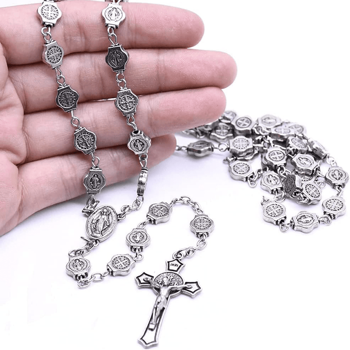 Christianartworkshop St. Benedict Medal & Crucifix of 8 mm Polyhedron Silver Metal Alloy Chain Rosary