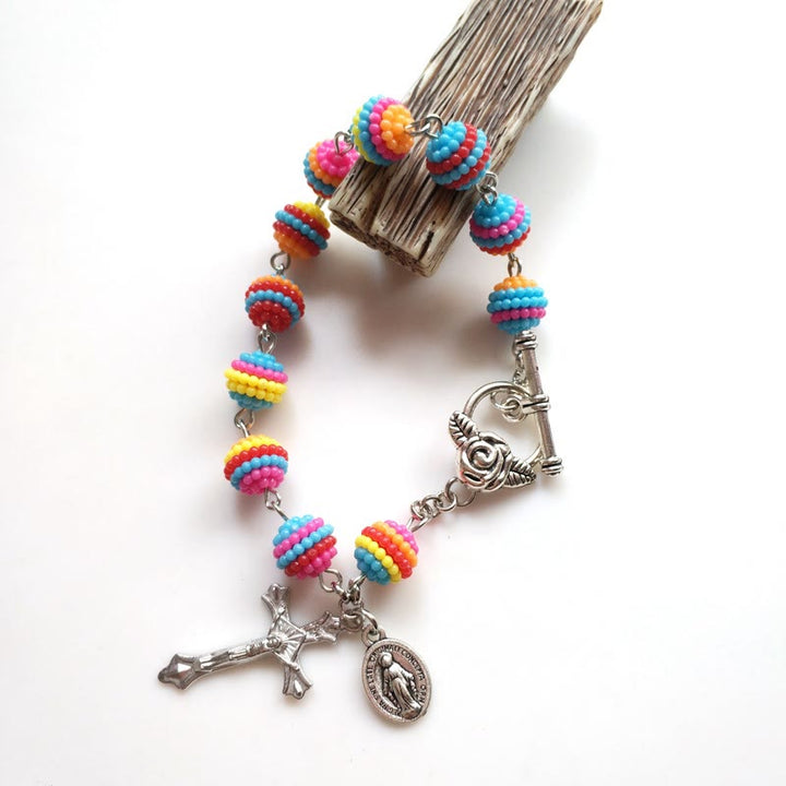 Christianartworkshop Jesus & Mary Rainbow Beaded Religion Wrist Bracelet