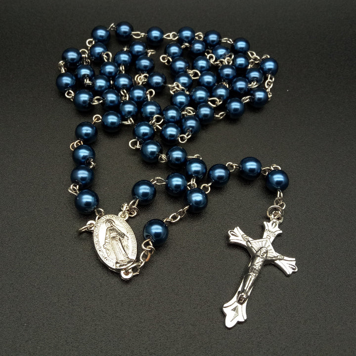 Royal Blue Pearl Beads Rosary with Holy Mother Medal & Crucifix